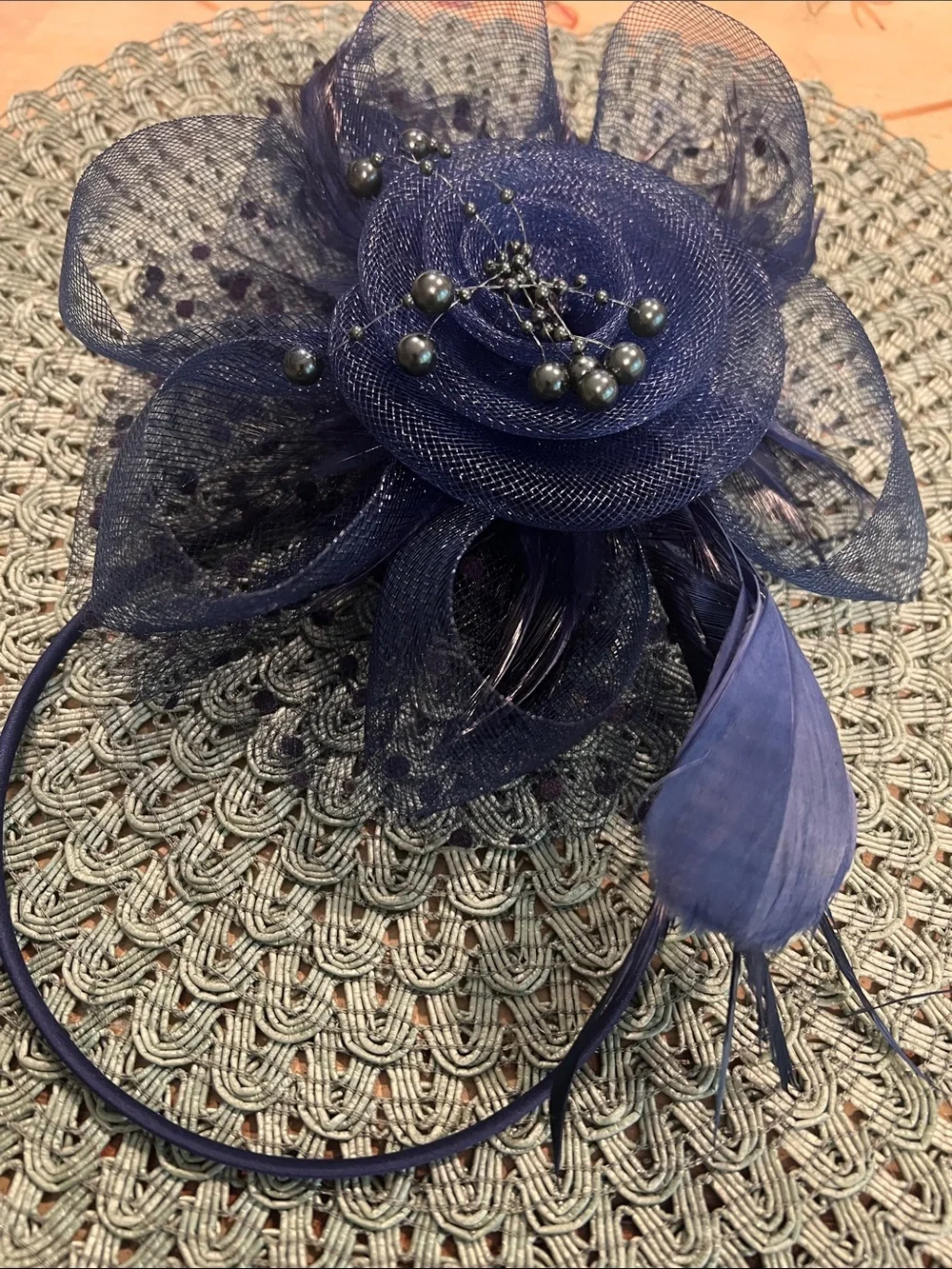 NWOT Elegant Navy Floral Fascinator Headband with Beaded Accents.